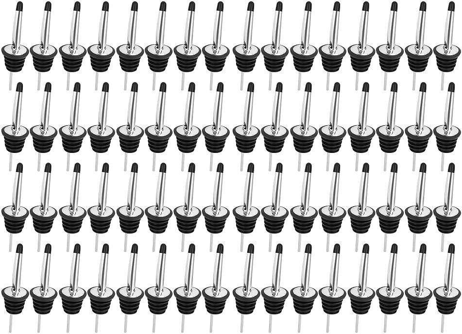 96 PCS Liquor Bottle Pourers, Stainless Steel Liquor Pour Spout, Olive Oil Spout, Bar Bartender Bottle Pourers for Alcohol with Rubber Dust Caps, Tapered Spout - Product Image