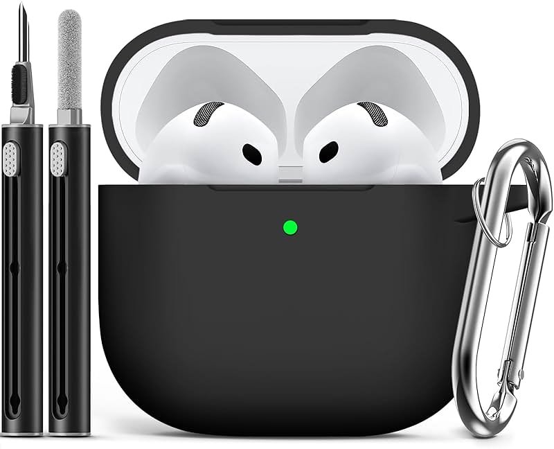 Ljusmicker for AirPods 4 Case 2024 with Cleaner Kit,Soft Silicone Protective Cover for Apple AirPods 4th Generation Cases for Women Men,Compatible with AirPod 4 Case Accessories with Keychain-Black - Product Image