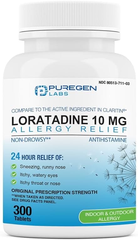 Puregen Labs Allergy Relief, Loratadine 10mg, 300 Tablets – 24 Hour Non-Drowsy Antihistamine Allergy Medicine for Runny Nose, Sneezing, Itchy, Watery Eyes - Product Image