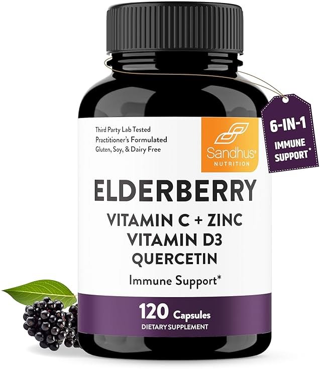 Elderberry Vitamin C and Zinc Capsules with D3 and Quercetin | 6-in-1 Immune Support Supplement Pills for Adults | 120 Count Sambucus Black Elderberry Natural Immunity Vitamins | Made in USA - Product Image