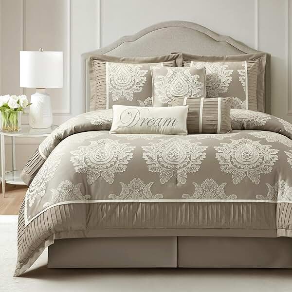 LANCO MODERN LIFESTYLE Beige Queen Comforter Set 7 Pieces, Jacquard Woven with Damask, Bedding Set in a Bag Includes Comforter, Bed Skirt, Pillow Shams, and Decorative Pillows - Product Image