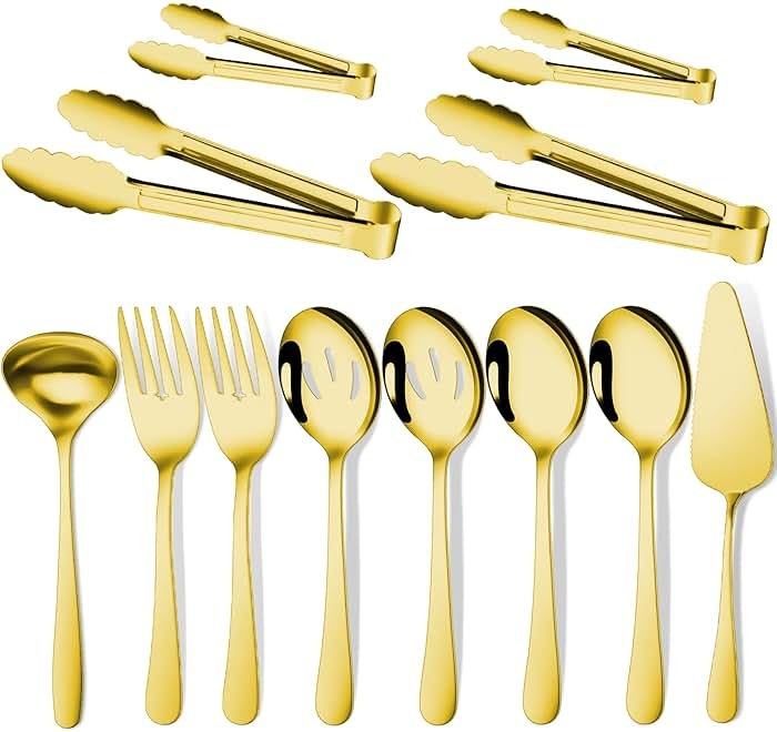 Gisly Gold 12 Pieces Serving Utensils Include Large Serving Spoons,Slotted Serving Spoons,Serving Forks,Serving Tongs,Appetizers Tongs,Soup Ladle and Pie Cake Server for Buffet Catering - Product Image