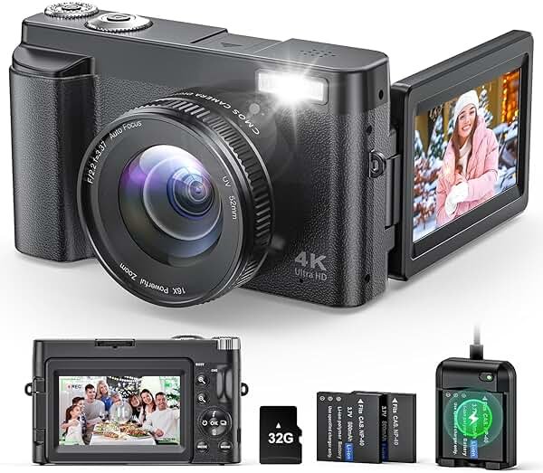 4K Digital Camera for Photography and Video, Autofocus Anti-Shake 48MP Vlogging Camera for YouTube, 3'' 180°Flip Screen Camera with Flash 16X Zoom, Digital Camera with 32GB Card Battery Charger Black - Product Image