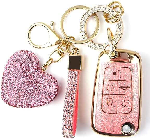 YIKECASE Key Fob Cover with Diamond Keychain for Women, Car Key Holder Compatible with Chevy Cruze Camaro Malibu Equinox Impala GMC Buick Encore Regal Flip Folding Protector, 5 Buttons (Pink-Heart) - Product Image
