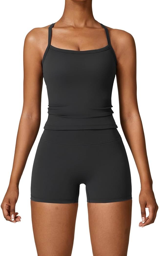 QBGJTD Two Piece Workout Sets For Women Tank Top Matching High Waist Booty Lifting Shorts Gym Yoga Active Wear Outfits - Product Image