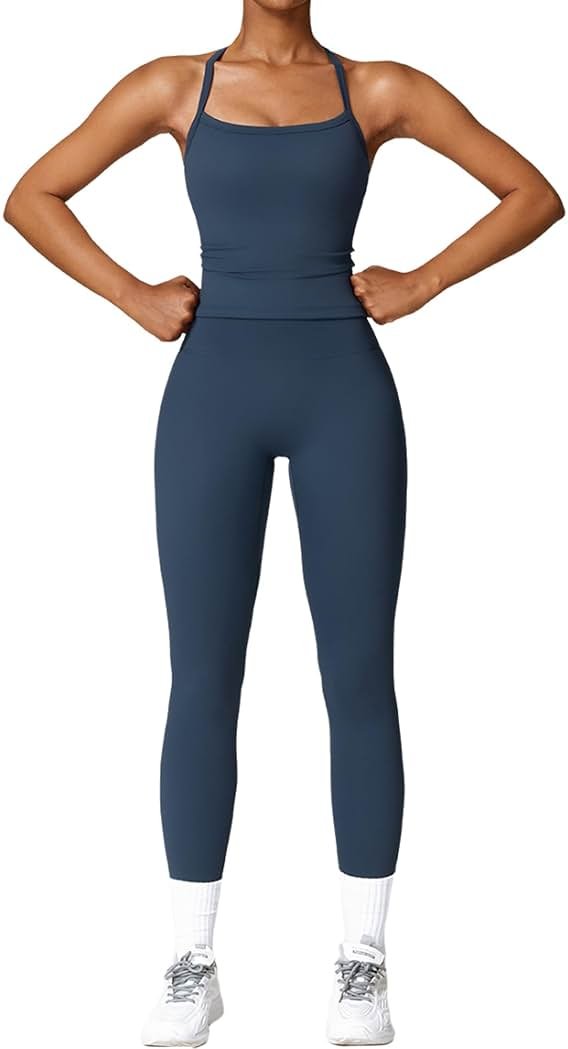 QBGJTD Womens Workout Sets Two Piece Cross Back Tank Top Matching High Waist Leggings Sets Gym Outfits Work Out Clothes - Product Image