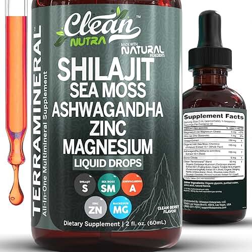 Clean Nutraceuticals Shilajit Drops Liquid | Shilajit Supplement for Men Women with Sea Moss Ashwagandha Zinc Magnesium Boron Fulvic Acid – Himalayan Shilajit Energy Vitality Stamina – 2oz - Product Image