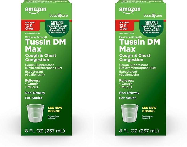Amazon Basic Care Tussin DM MAX, Maximum Strength Cough and Chest Congestion Medicine, Non-Drowsy, Alcohol Free, Expectorant, Raspberry Menthol Flavor, 8 fl oz (Pack of 2) - Product Image