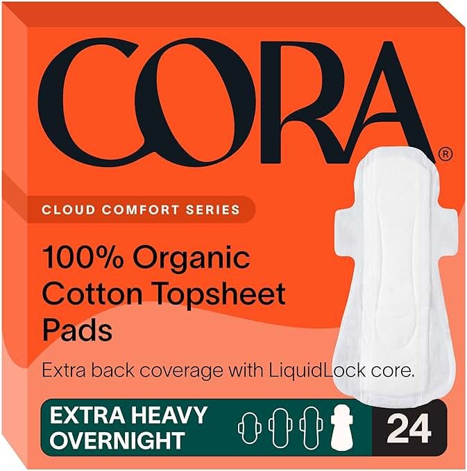 Cora 100% Organic Cotton Topsheet Pads Extra Heavy Overnight Pads (24 Count) - Product Image