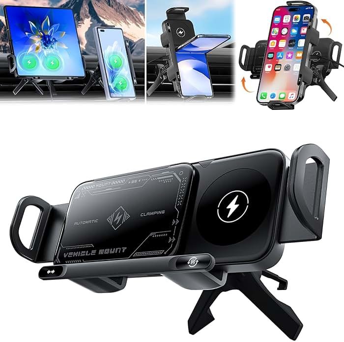 High Intelligent 2 in 1 Auto Rotating Car Charger Cell Phone/Pad Holder, One-Touch Rotatable Car Vent Mount for Smartphone/Pad/Foldable Phone (Black) - Product Image