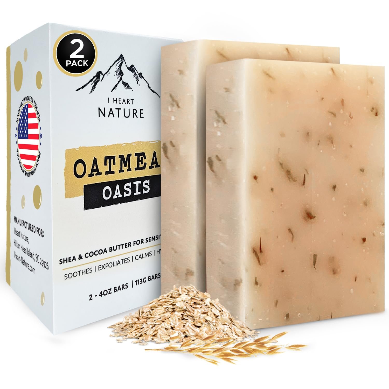 iHeart Gentle Moisture Oatmeal Eczema Soap (2 Packs) with Olive Oil and Shea Butter - Hydrating, Nourishing, Cleansing, and Soothing for Sensitive Skin - Infused with Honey, Oats, and Rosemary - Product Image