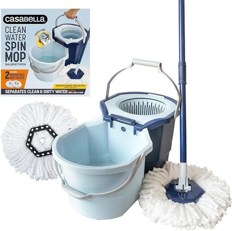 Casabella Spin Mop System with Extra Mop Head Refill - Two-Bucket Design with Splash Guard Built-in Measuring Cup and Scraper Tool with Easy Wring Pedal Spinner, 1.25-Gallon, Blue - Product Image
