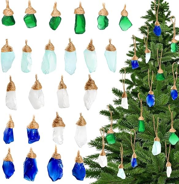 24Pcs Handmade Christmas Sea Glass Block Ornament Pendant, Sea Glass Crafts Coastal Decorative, Beach Seaglass Hanging Ornament Sets for Christmas Tree, Centerpiece, Home Decor Beach Weddings and More - Product Image
