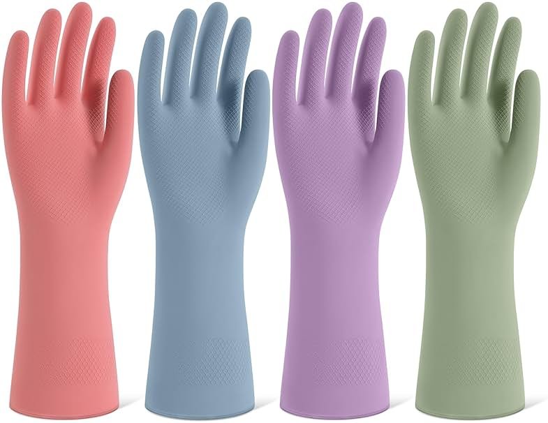 Rubber Cleaning Gloves for Dishwashing, 4 Pairs Reusable Kitchen Gloves for Washing Dishes and Household Cleaning, Colorful Dish Gloves with Flocked Lining and Non-Slip Grip, Pefect for Woman Men - L - Product Image