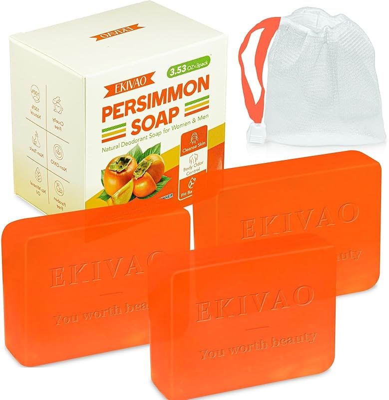 EKIVAO 3Pack Natural Persimmon Soap Bar for Body Odor Control, Organic Deodorant Body Persimmon Bar Soap for Old People Smell, Remove Odor Bath Soap for Women & Men - Product Image
