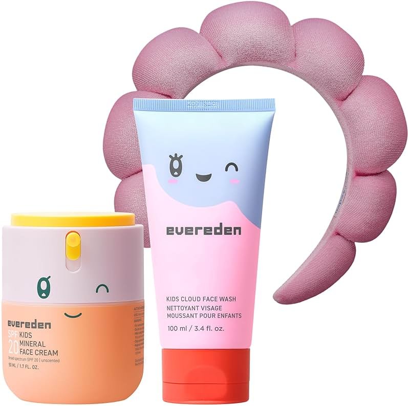 Evereden Kids Face Wash & SPF 20 Cream Set | Dermatologist-Tested, Mineral Sunscreen with Zinc Oxide & Vitamin B5 | No Phenoxyethanol, EWG Verified, Gentle, Safe for Ages 3+, Sensitive Skin + Headband - Product Image