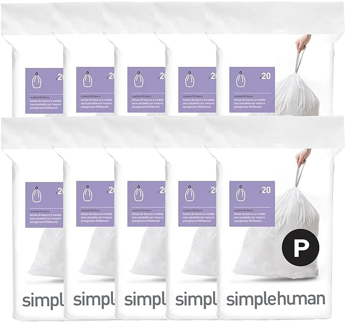simplehuman Code P 200 Count Custom Fit Liners, Drawstring Kitchen Trash Bags, One-by-One Mess-Free Dispense, Extra Thick & Double Seamed, 50% PCR Plastic, 50-60 Liter / 13-16 Gallon, White - Product Image