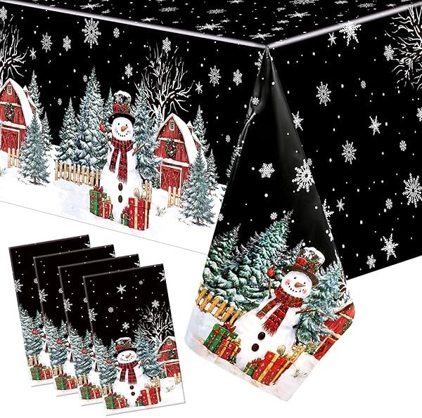 FuWeave 4 Pcs Christmas Disposable Tablecloth 108 x 54 Inch Black Christmas Plastic Tablecloth Rectangle Snowman Table Cloth Tablecover Waterproof Table Cover for Holiday Party Decorations(Black) - Product Image