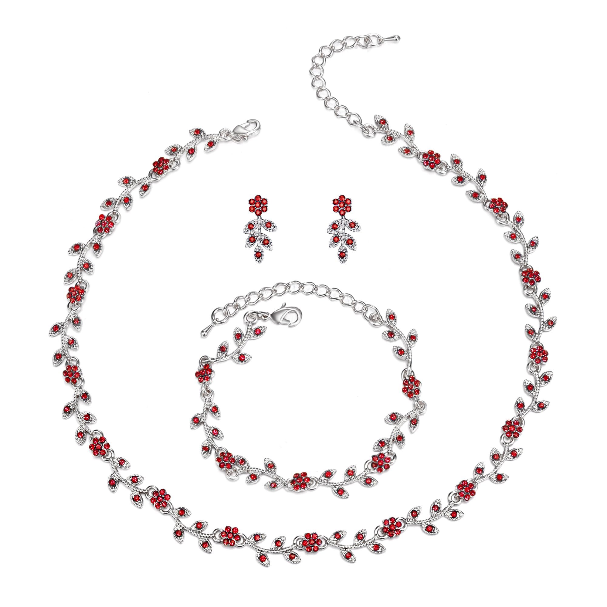 BriLove Wedding Jewelry Set for Women Bride, Gorgeous Stunning Crystal Flower Leaf Cluster Choker Necklace Link Bracelet Stud Earrings Bridal Bridesmaid - Product Image