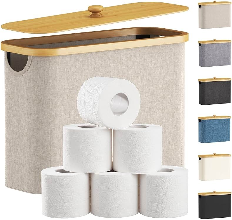 Lifewit Toilet Paper Storage Holder for 9 to 12 Rolls, Free Standing Toilet Paper Basket Stand with Bamboo Lid, Collapsible Fabric Bathroom Organizer Box for Mega Rolls, 23L, Large, White, Beige - Product Image