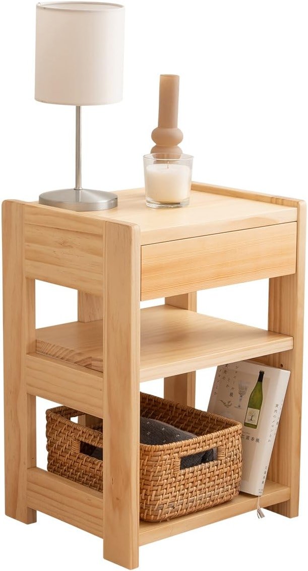EMOOR Bed Side Table with Drawer Height-Adjustable Open Shelf Solid Finnish Pine Natural, Already Assembled Night Stand End Table Bedside Nightstand Bedroom Living Room - Product Image