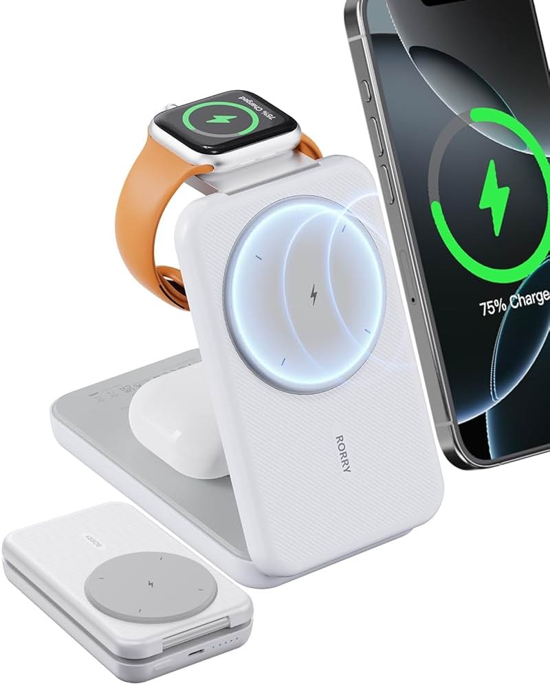 RORRY Portable Charger, 3-in-1 Charging Station 10000mAh Portable Charger Power Bank for MagSafe Foldable Battery Pack Travel for iPhone 17/16/15/14/13/12, for Apple Watch 11/10/9/8/7/Ultra/3/2, White - Product Image