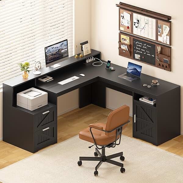 YOMILUVE 63" Farmhouse L Shaped Desk with Drawers & Storage Shelf, Corner Computer Desk with Power Outlets for Home Office, Executive Desk with Monitor Stand, Printer Shelf, Black - Product Image