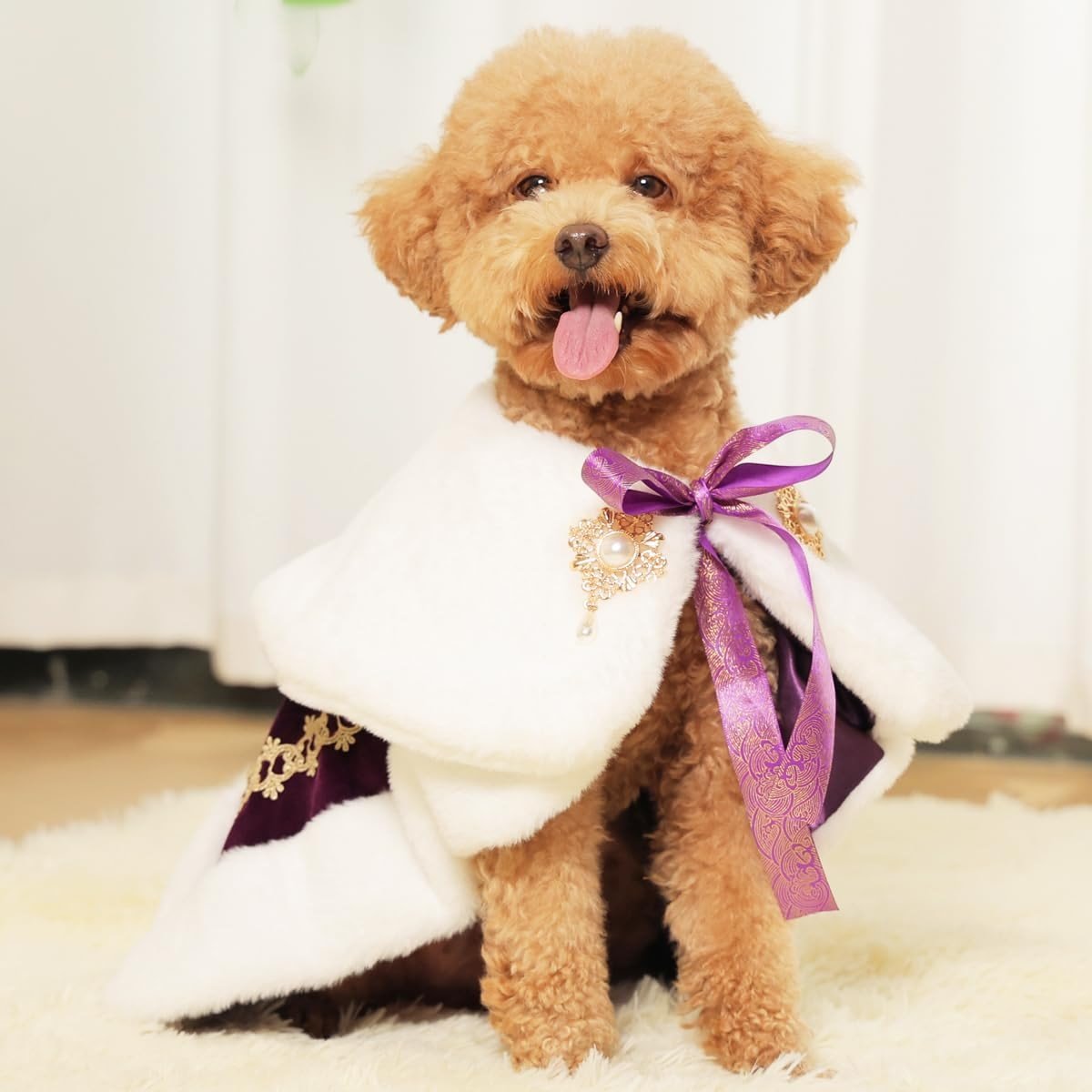 Lovelyshop pet Serial Royal Coronation Style White Faux Fur Pet Cape for Halloween Costumes, King Queen Prince and Princess Cosplay-Small - Product Image