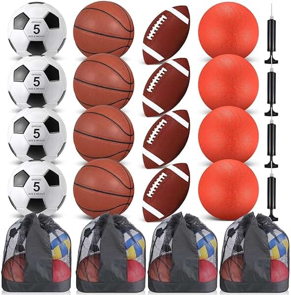 HyDren Sports Balls Set for Teen Adult, Multi Sport Training Equipment with Official Size Basketball Soccer Ball Football Playground Ball with Pump and Carry Bag Back to School Sports Gift - Product Image