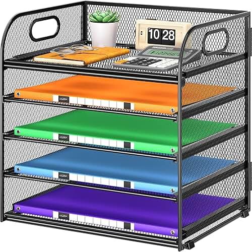 Cawukege 5 Tier Paper Organizer with Handle, Black Metal Mesh Desk Organizer File Folder Paper Letter Tray Desktop Document Sorter for Classroom, School, Office Accessories Organization and Storage - Product Image