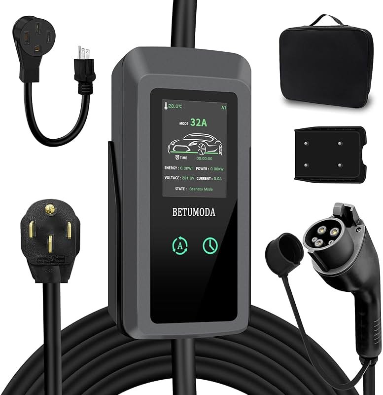 BETUMODA Portable Level 1&2 EV Charger, 32 Amp, Portable Charger for Home and J1772, 23ft Cable, 240V, Charging Stations with LED Display, NEMA14-50 Plug, Current Adjustable.(Tesla Need Adapter) - Product Image