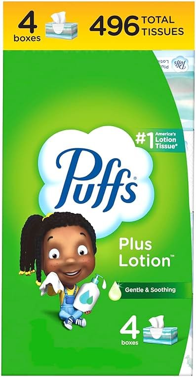 Puffs Facial Tissues Plus Lotion, 4 Family Boxes, 124 Facial Tissues per Box, Allergies and Colds (Packaging May Vary) - Product Image