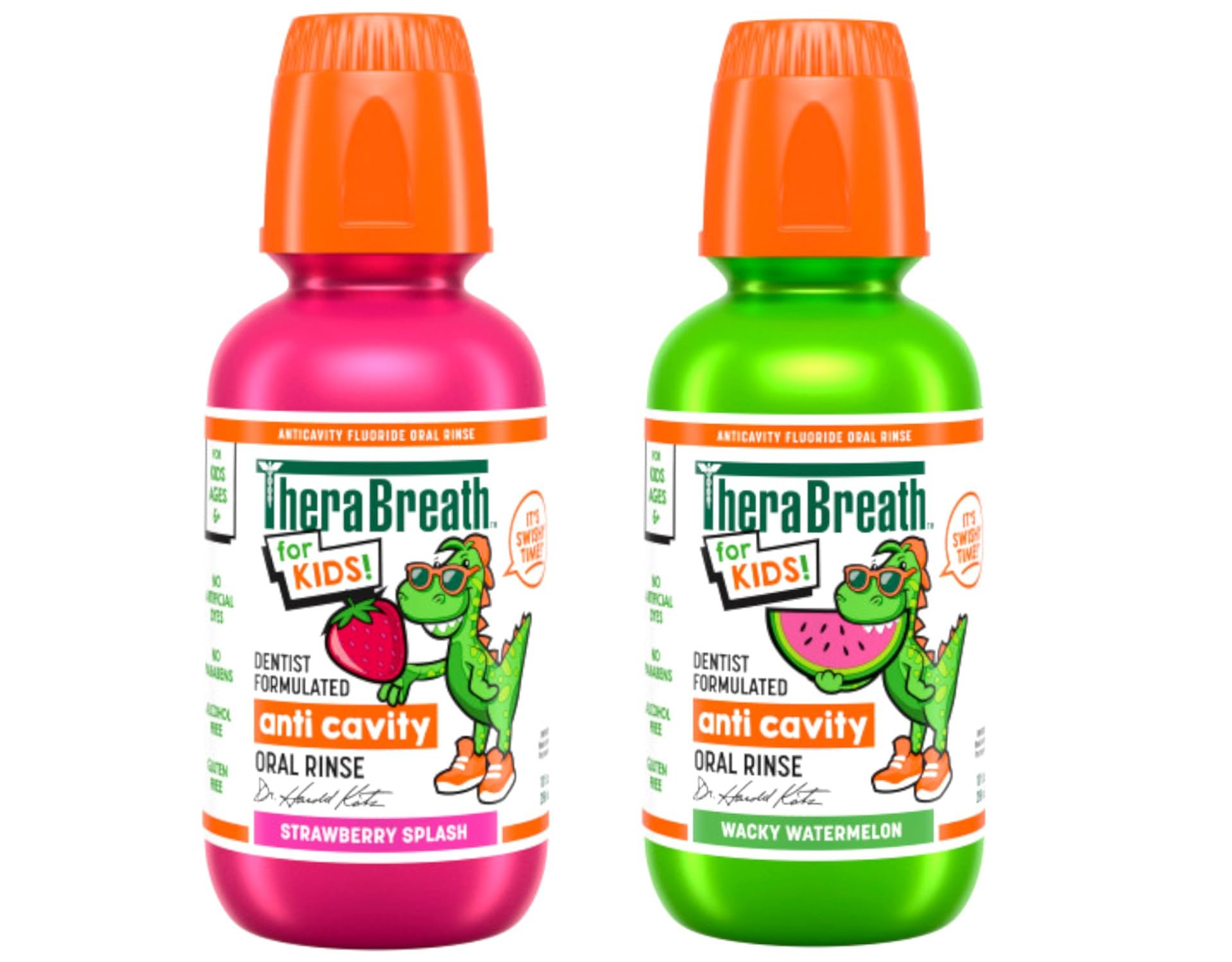 TheraBreath Kids Mouthwash with Fluoride, Organic Strawberry Splash, Anticavity, 10 fl oz & TheraBreath Kids Mouthwash with Fluoride, Organic Wacky Watermelon, Anticavity, 10 fl oz - Product Image