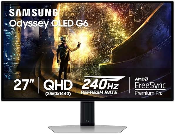 Samsung 27” Odyssey OLED G6 (G61SD) QHD & QD-OLED 240Hz 0.03ms FreeSync Premium Pro Gaming Monitor with Sleek Metal Design, 3 Year Warranty, US, LS27DG610SNXZA - Product Image