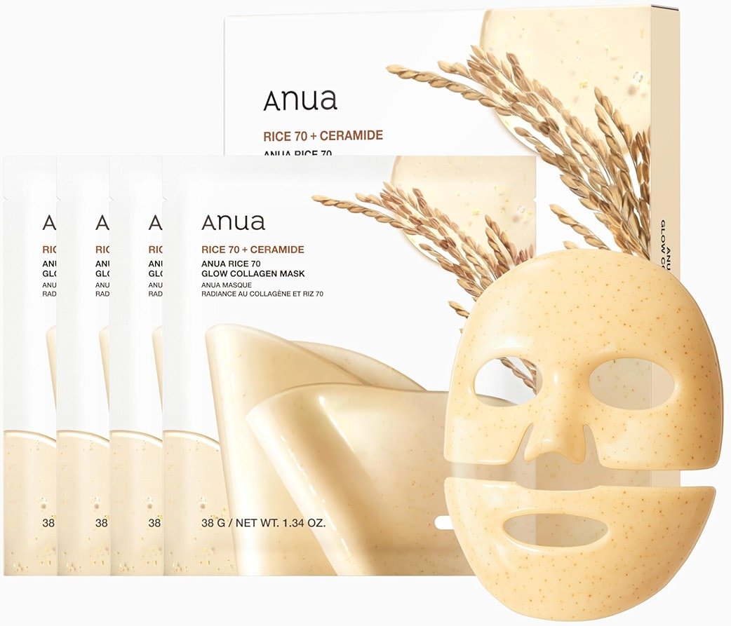 ANUA Rice 70 Glow Collagen Mask, Overnight Face Mask for Glass Skin, Ceramide, Collagen Facial Mask, Skin Moisture Barrier, Tightening Care, Natural Color, Korean Skincare, 1.34 oz/4ea - Product Image