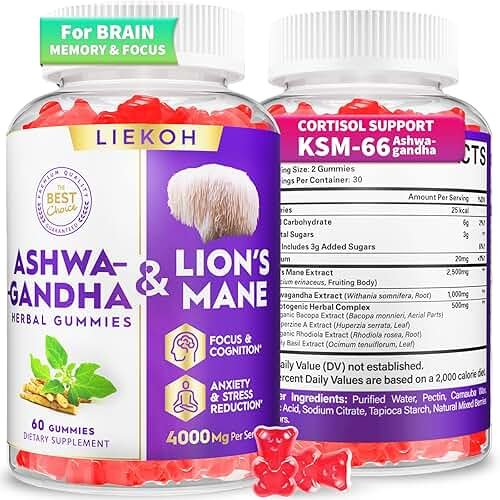 Ashwagandha Gummies - Organic Ashwagandha & Lions Mane Gummies for Adults with 4 Adaptogenic Herb for Stress, Cognitive & Immune Support| Cortisol Supplements for Women & Men, Berry Flavor - 60 Counts - Product Image