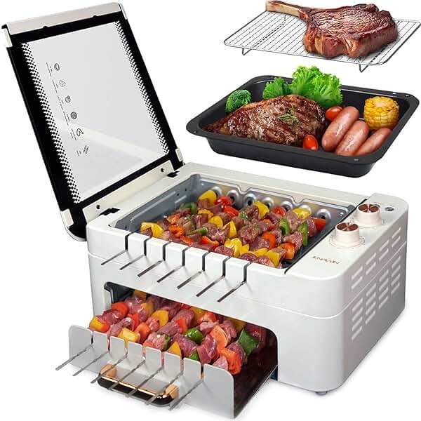 XHJ 4-in-1 Electric Indoor Grill Smokeless for Home,Countertop Electric Grill with Removable Sizzling Grill Pan & Grate + Auto Rotating Kabob Skewers + Electric Hot Dog Roller Dual Zone Cook with Lid - Product Image