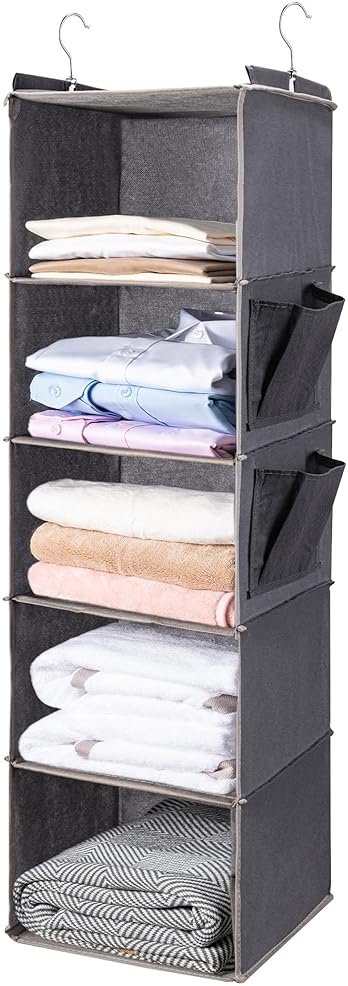 BOOMIBOO Hanging Closet Organize and Shelves，5-Hanging Shelf with 2 Side Pockets，Storage Foldable （Grey） - Product Image