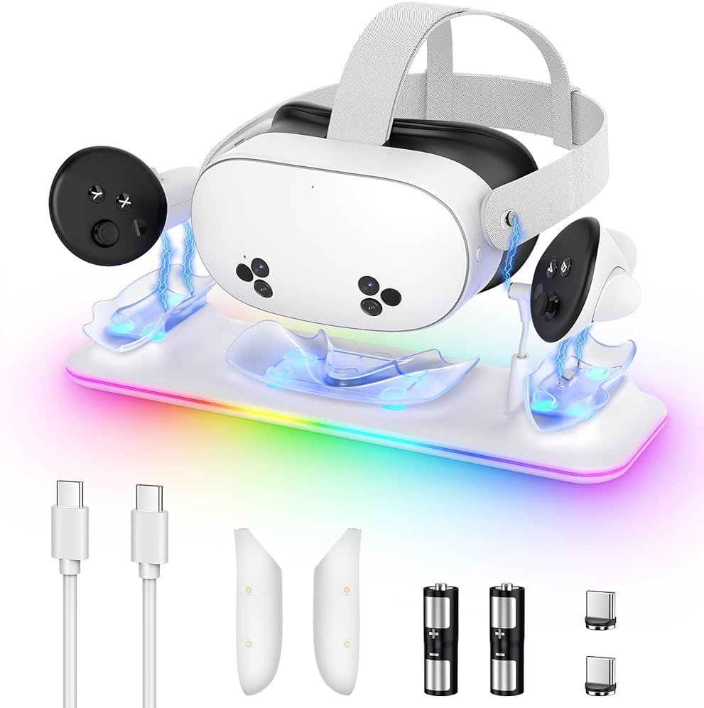 Charging Dock for Meta Quest 3S/3, Kinwin Magnetic Charging Station for Oculus Quest 3S/3 Accessories with RGB Light, Charging Stand for VR Headset & Controller with 2 Rechargeable Batteries (White) - Product Image