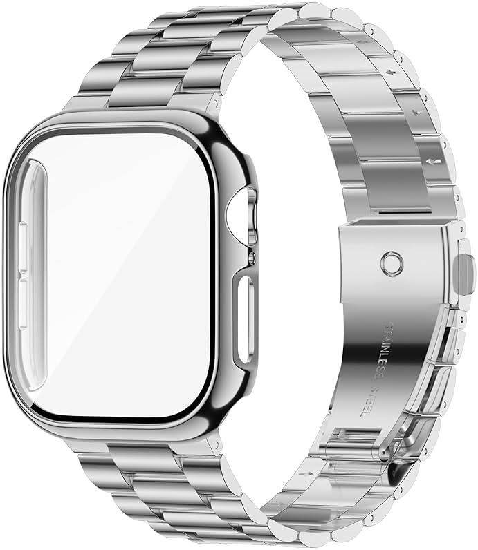 iiteeology Compatible with Apple Watch Band 46mm Series 11 Series 10, Upgraded Stainless Steel Band with iWatch Screen Protector Case for Men Women Silver/Silver - Product Image