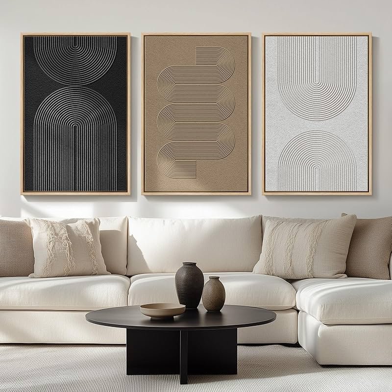 Large Framed Boho Modern Neutral Abstract Wall Art for Living Room, 3 Piece Black and White Canvas Prints Paintings Artwork for Walls, Geometric Pictures for Office Bedroom Dining Room Decor, 24x36 In - Product Image