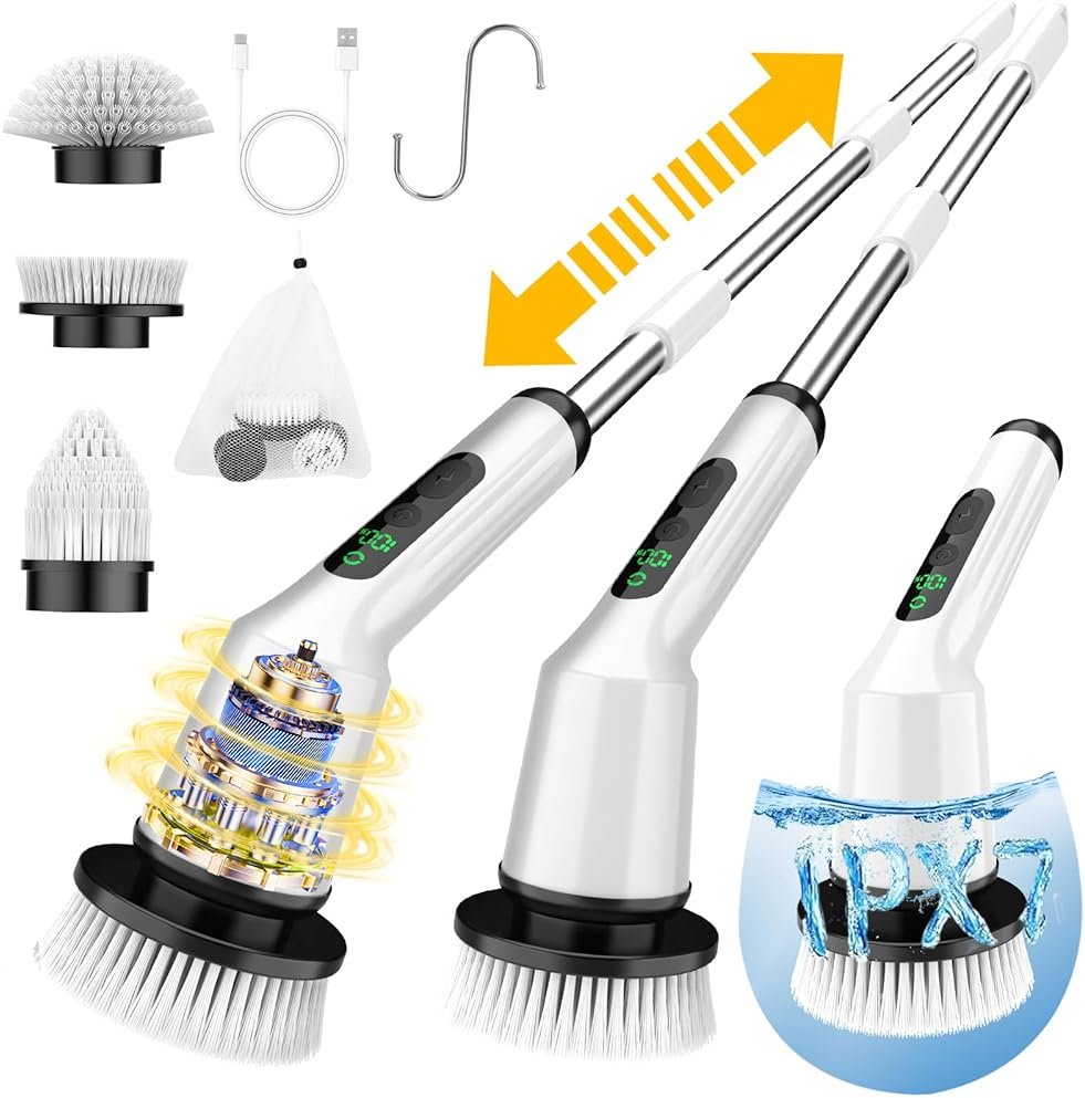 Electric Spin Scrubber for Cleaning Bathroom, Shower Scrubber Cordless Cleaning Brush with IPX7 Waterproof & 2 Speed, 3 Brush Heads, Bathroom Cleaning Supplies for Shower Tub Kitchen Tile Toilet White - Product Image