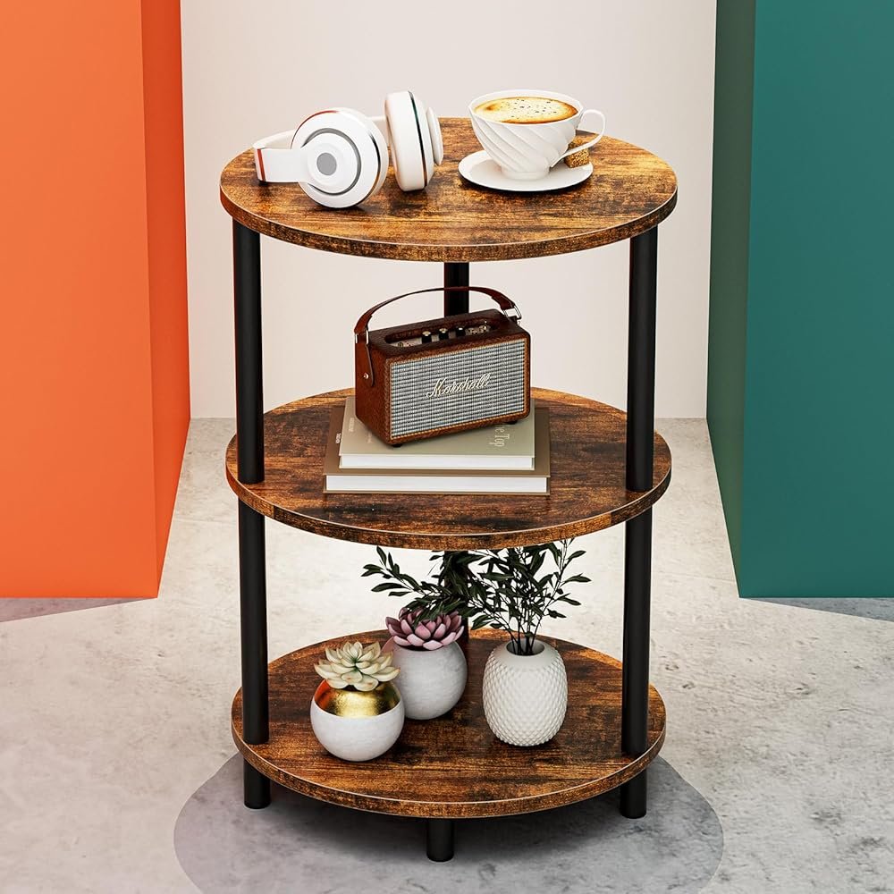 RISWER Round Small Side Table - 3 Tier Oval Accent Table for Small Spaces, Rustic Wood and Metal Couch End Table, Nightstand for Bedroom or End Table Living Room, Easy to Assemble, Rustic Brown - Product Image