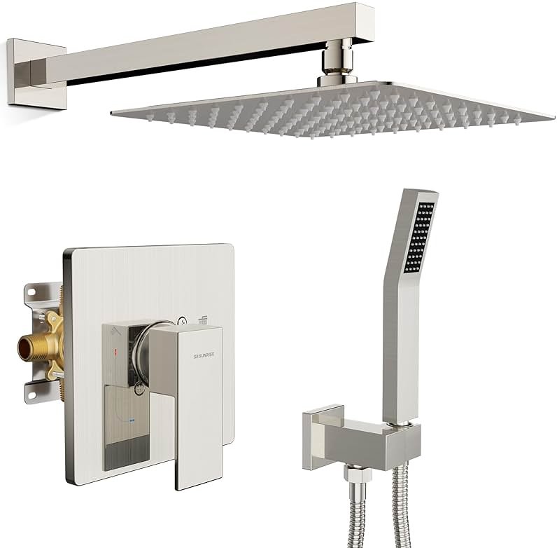 SR SUN RISE Shower Faucet Set & System - 10 Inch Rainfall Shower Head & Handle Set Wall Mounted Brushed Nickel Solid Brass Valve Trim Kit Included - Product Image