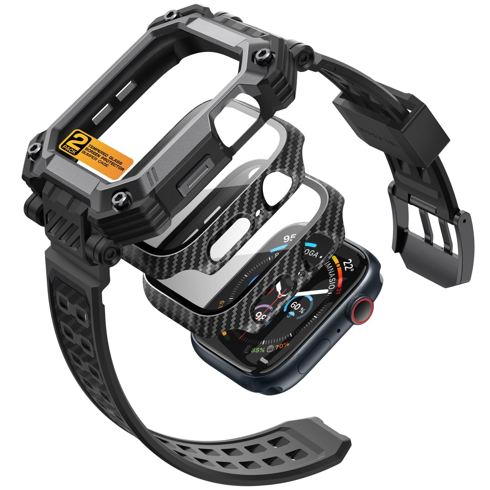 i-Blason 3-in-1 for Apple Watch Series 11/10 46mm Case with Band Multiuse [Includes 2 Tempered Glass Screen Protectors] Heavy Duty Protection Sport Shockproof Band Men for Apple Watch 46mm, Black - Product Image
