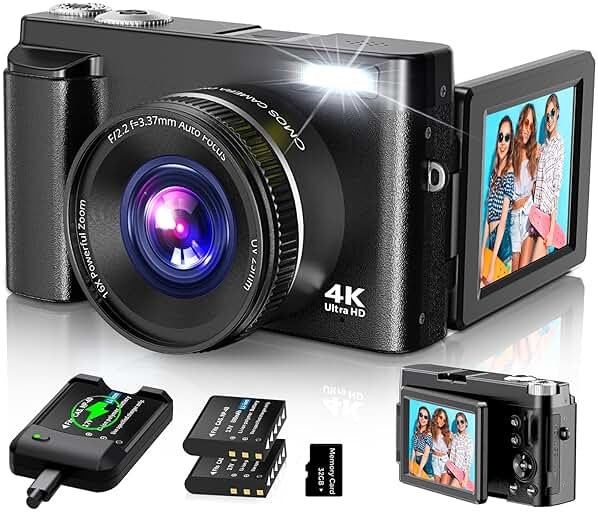 Duluvulu 4K Digital Camera for Photography Autofocus, 2026 Latest 48MP Vlogging Camera for YouTube with SD Card, 2 Batteries, 3" 180°Flip Screen Compact Travel Camera for Teens with 16X Zoom,Black - Product Image