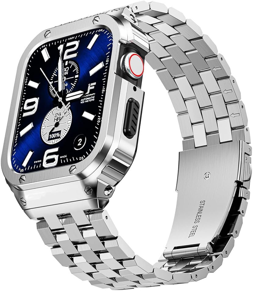 SUPLINK Stainless Steel Case Bands Compatible with Apple Watch Series 10 46mm Band/Apple Watch Series 11 46mm Band for Men, Metal Rugged Protective Bumper Case for iWatch Bands Men, Silver - Product Image