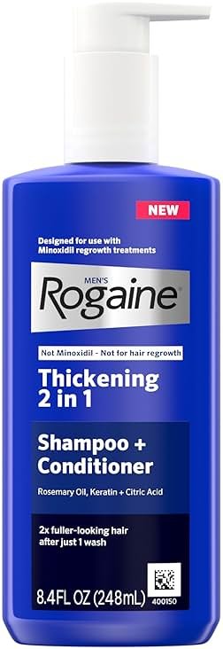 Rogaine Men's Thickening 2 in 1 Shampoo + Conditioner, Hair Thickening Shampoo & Conditioner with Rosemary Oil, Keratin & Citric Acid Leaves Hair Visibly Thicker, Not Minoxidil, 8.4 fl. oz - Product Image