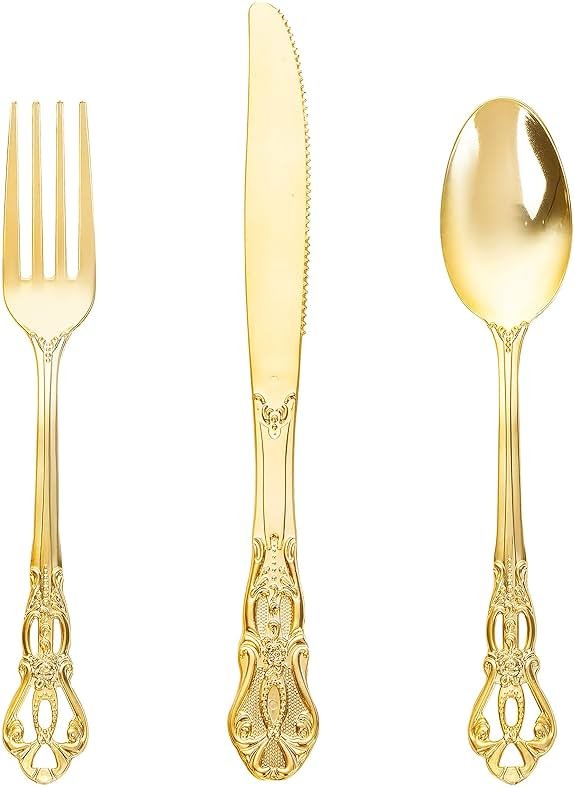 Joyido 90 Pieces Gold Plastic Silverware - Heavy Duty Gold Disposable Utensils - Fancy Plastic Cutlery Set Includes 30 Forks, 30 Spoons, 30 Knives for Dinner Parties Weddings - Product Image