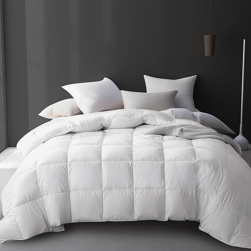 Hotel Grand Luxury White Goose Feather Down Fiber Comforter Full Queen Size, 100% Cotton All Season Duvet Insert Queen, Medium Warmth Bedding Comforter with 8 Corner Loops, White 90x90 Inch - Product Image